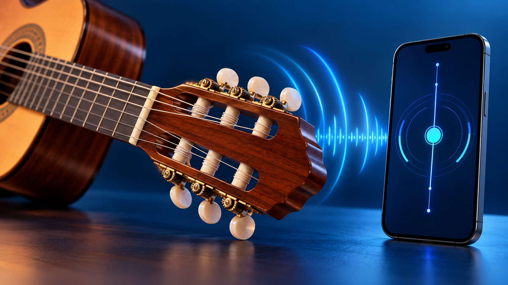 Ilustración conceptual de una guitarra clásica junto a un teléfono con un medidor de afinación y ondas sonoras azules.