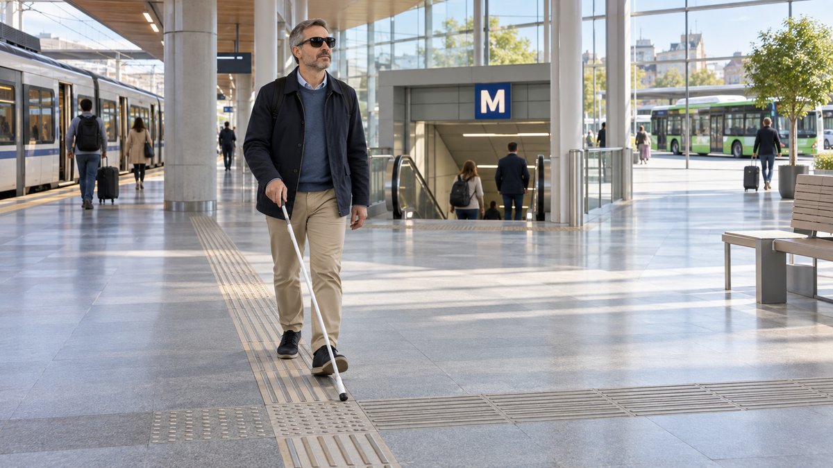 Ilustración de una persona ciega con bastón blanco en un intercambiador, con un tren a la izquierda, un acceso al metro al fondo y un autobús al exterior.