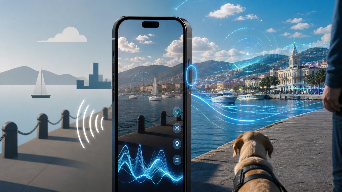 Descripción de imagen: un iPhone enfoca un paseo marítimo con barcos, nubes, colinas y edificios. A la izquierda aparece una interpretación simple del paisaje y, a la derecha, un análisis detallado mediante inteligencia artificial. Junto al teléfono hay una persona acompañada por su perro guía.