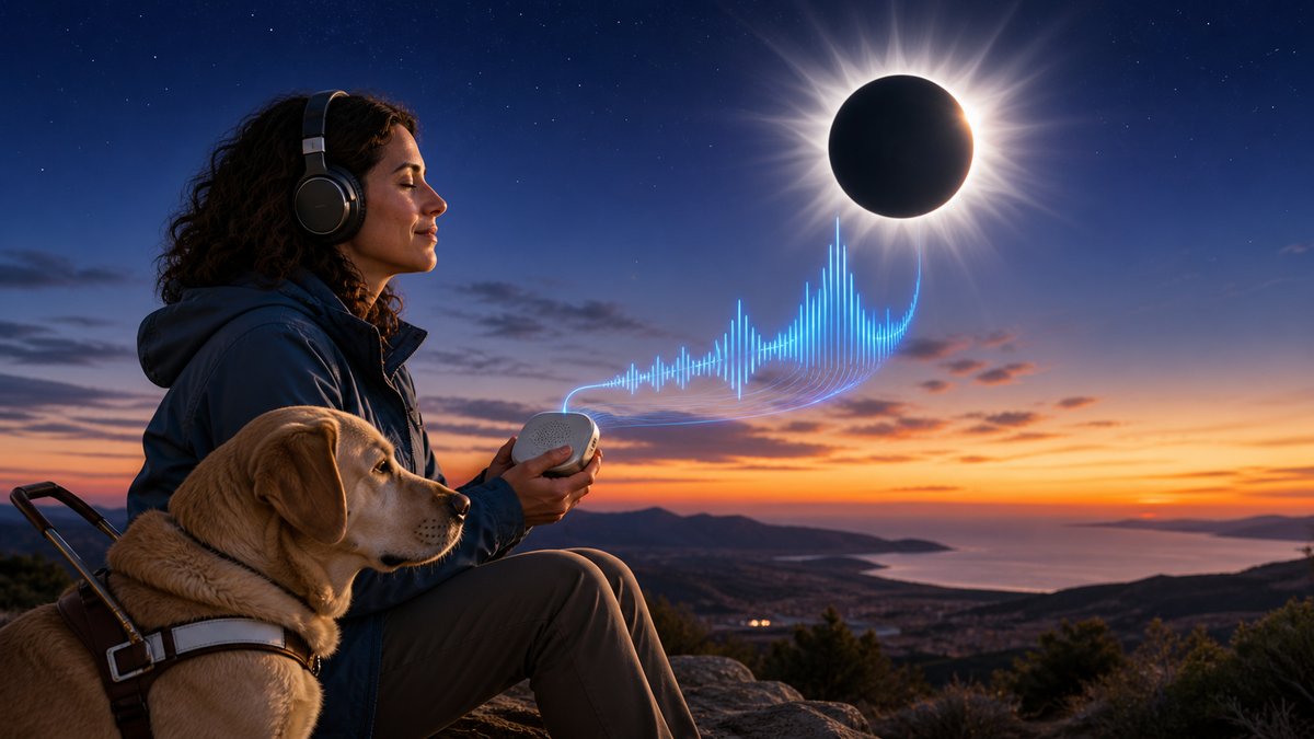 Descripción de imagen: durante un eclipse solar total, una persona con auriculares sostiene un pequeño dispositivo de sonificación junto a su perro guía. Unas ondas azules representan la transformación de la intensidad de la luz en sonido, frente a un paisaje montañoso y costero.