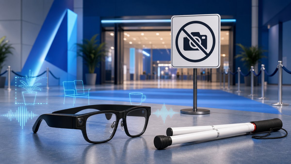 Descripción de imagen: unas gafas inteligentes y un bastón blanco plegado frente a la entrada de un evento. Junto a ellos hay una señal que prohíbe las cámaras, mientras ondas de audio y contornos luminosos de objetos representan las funciones de asistencia de las gafas.