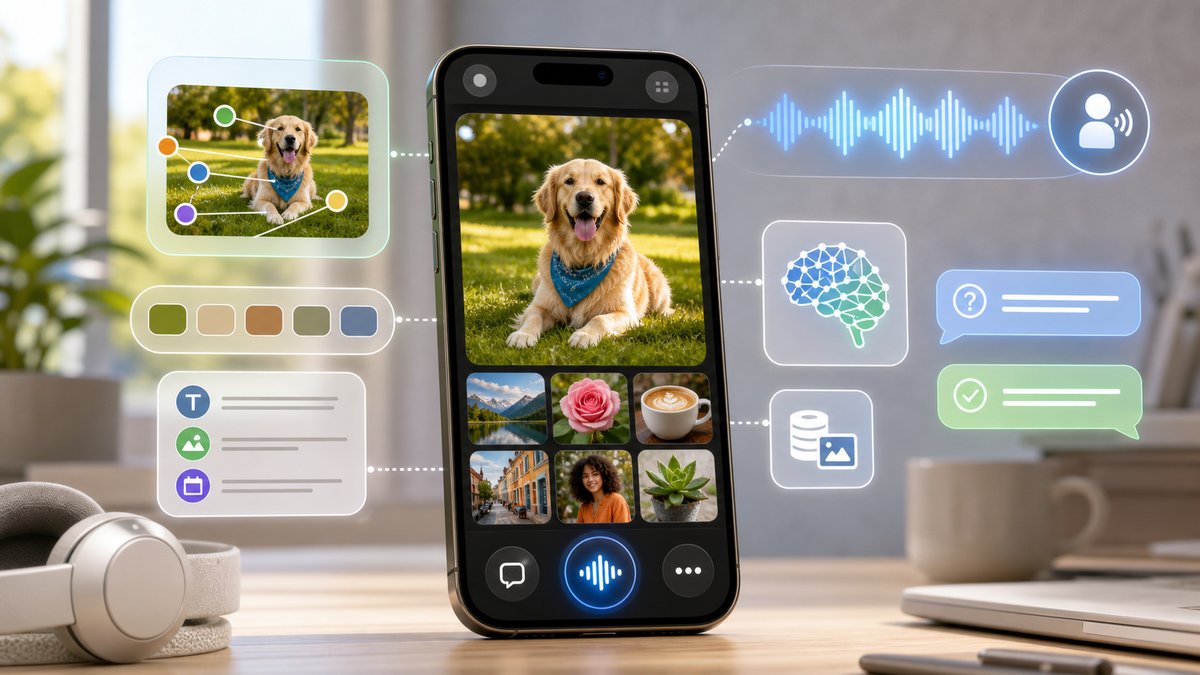 Ilustración de un teléfono con la imagen de un perro, rodeado de símbolos de descripción de imágenes y ondas de voz.