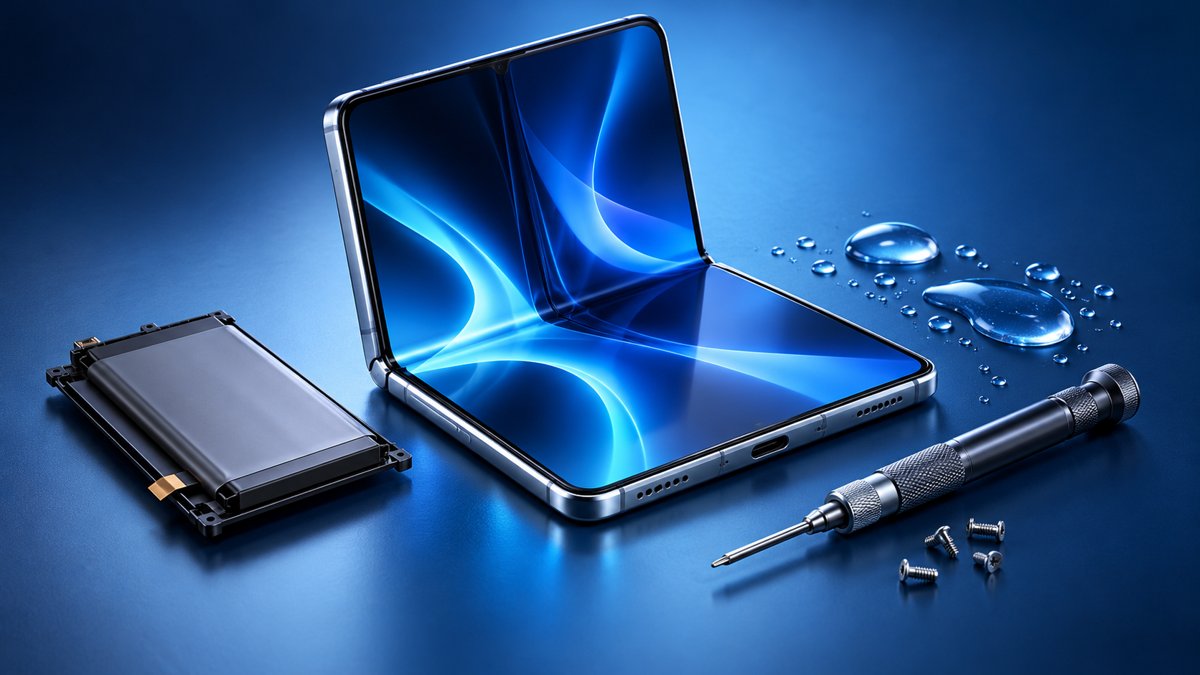Ilustración conceptual de un teléfono plegable entreabierto junto a una batería, un destornillador de precisión y gotas de agua sobre un fondo azul.