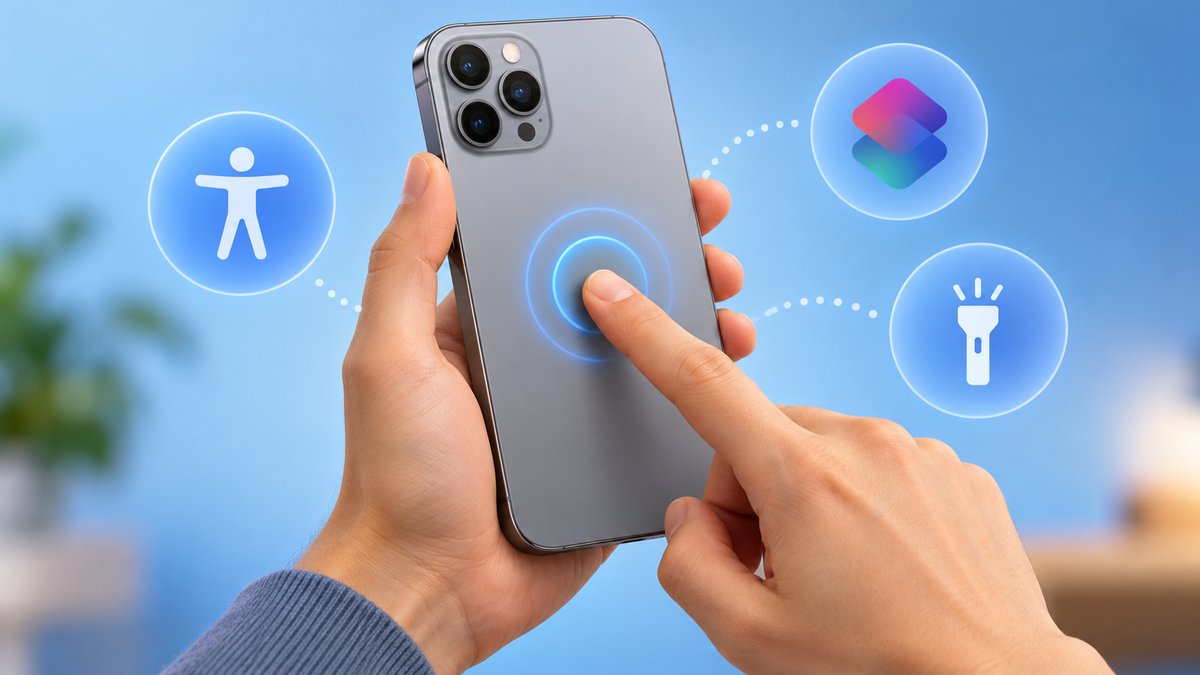 Ilustración de una mano sosteniendo un teléfono por detrás y un dedo tocando su carcasa, con ondas azules y símbolos de accesibilidad y atajos.