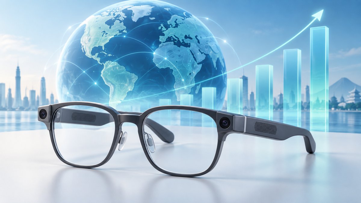 Ilustración de unas gafas inteligentes con cámaras y altavoces ante un globo terráqueo y columnas ascendentes que simbolizan el crecimiento del mercado.