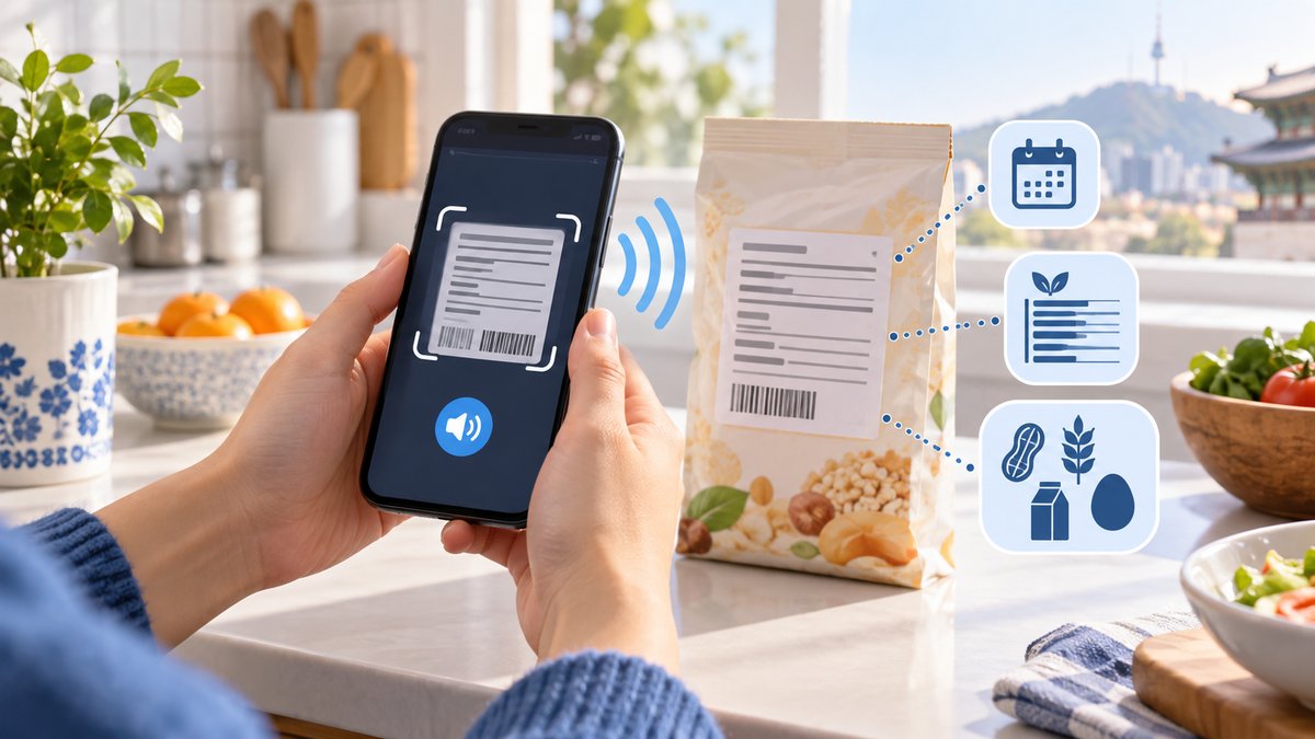 Ilustración conceptual de unas manos que escanean con un teléfono la etiqueta de un alimento, junto a símbolos de voz, calendario, nutrición y alérgenos.