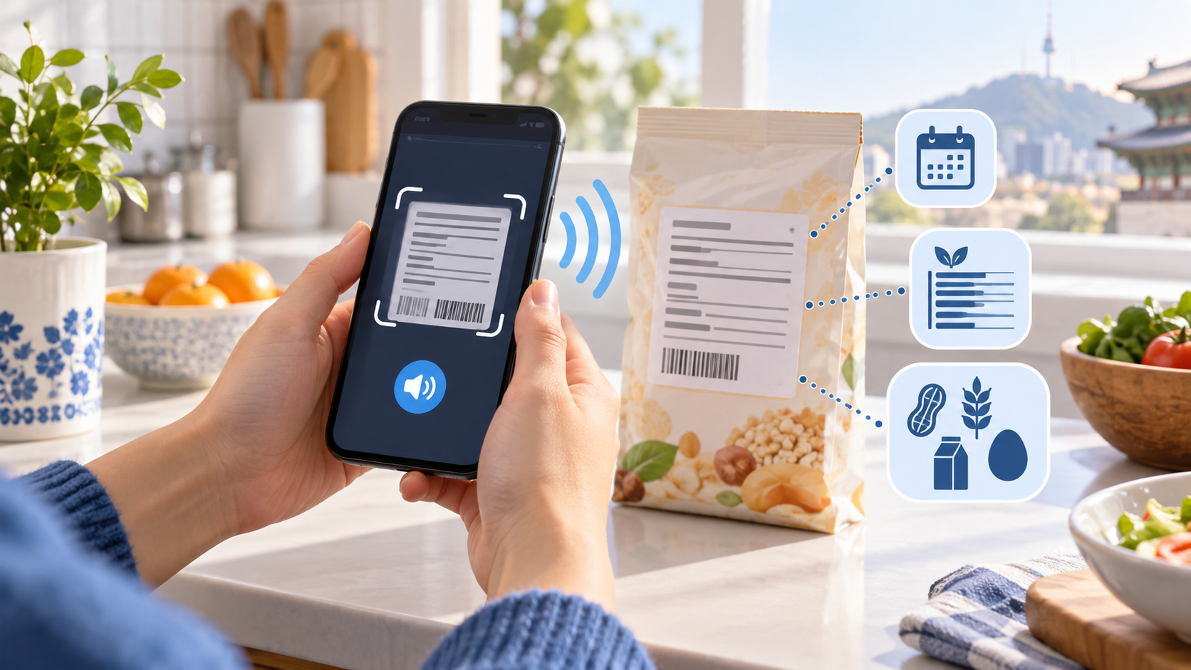 Ilustración conceptual de unas manos que escanean con un teléfono la etiqueta de un alimento, junto a símbolos de voz, calendario, nutrición y alérgenos.
