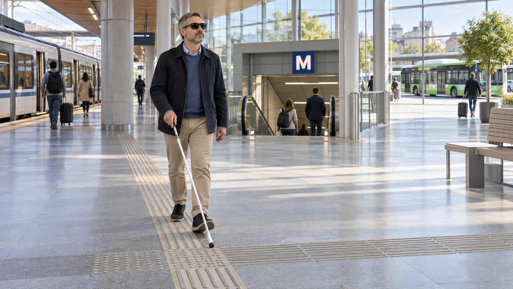 Ilustración de una persona ciega con bastón blanco en un intercambiador, con un tren a la izquierda, un acceso al metro al fondo y un autobús al exterior.