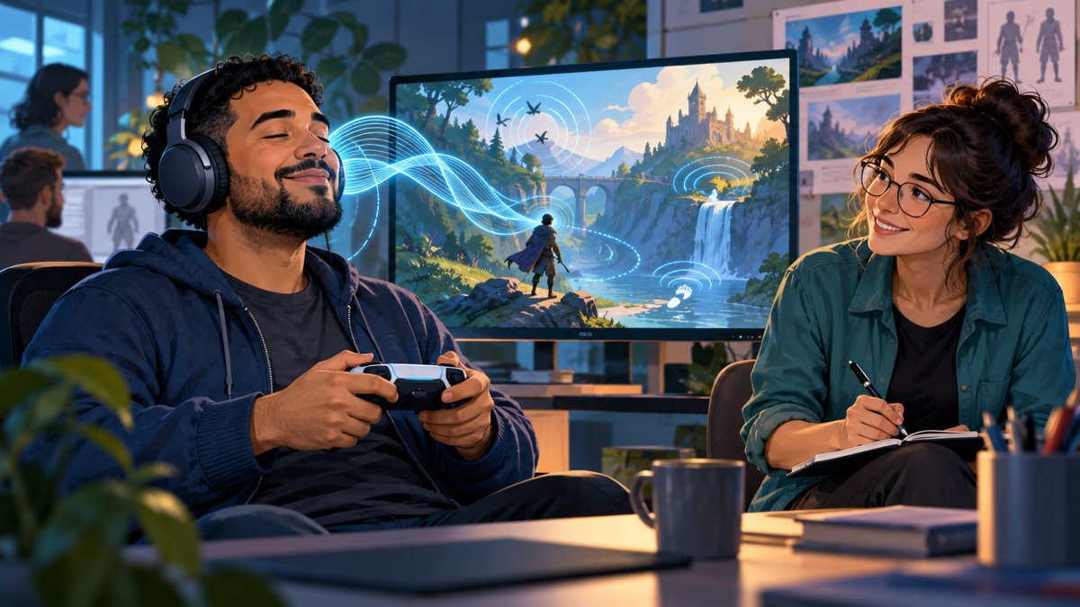Ilustración conceptual de un jugador con auriculares y mando junto a una desarrolladora que toma notas, con ondas sonoras ante una pantalla de videojuego.