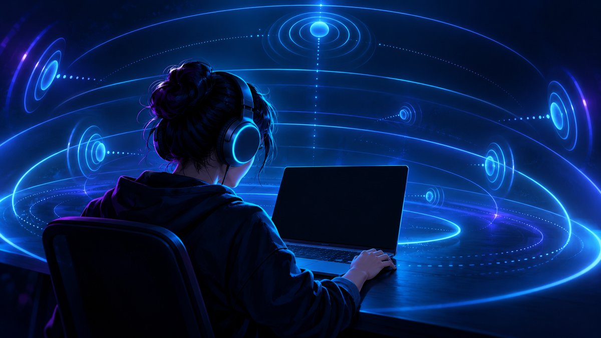 Ilustración de una persona con auriculares ante un portátil de pantalla oscura, rodeada de ondas azules que representan el sonido espacial.