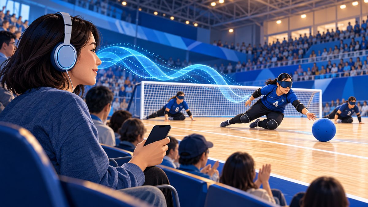 Ilustración conceptual de una espectadora con auriculares ante una pista de goalball, con deportistas y ondas azules que representan la narración sonora.