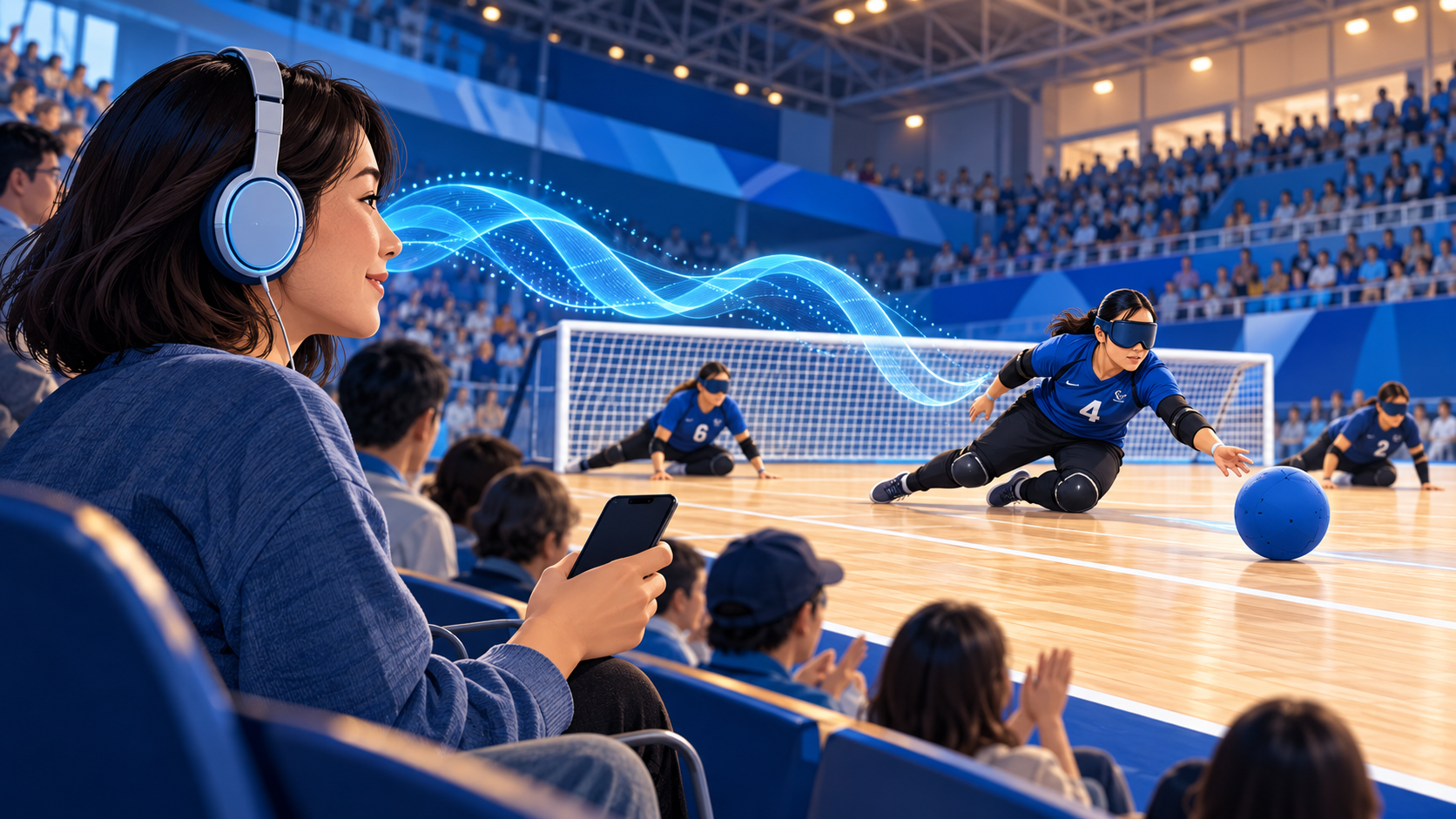 Ilustración conceptual de una espectadora con auriculares ante una pista de goalball, con deportistas y ondas azules que representan la narración sonora.