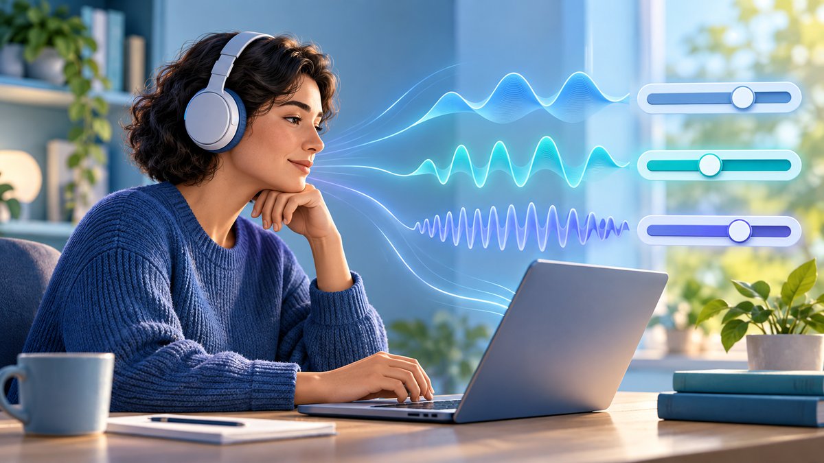 Ilustración de una persona con auriculares ante un ordenador portátil, junto a ondas de audio y tres controles deslizantes que simbolizan el ajuste de la velocidad de lectura.