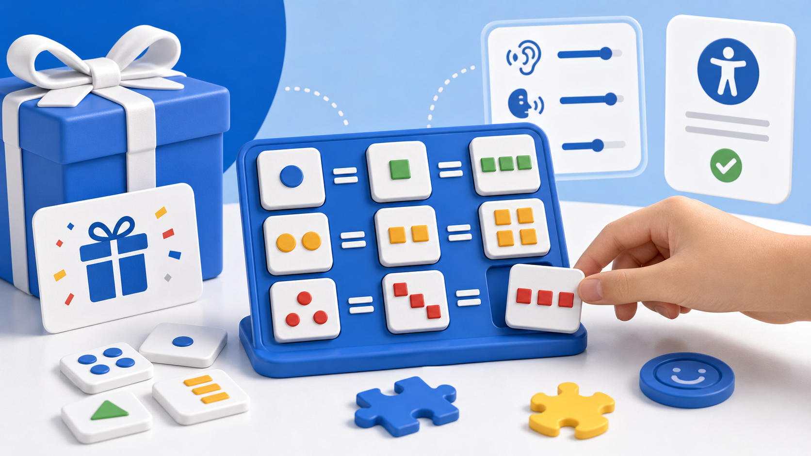 Descripción de imagen: ilustración editorial de un juego matemático accesible con fichas táctiles, piezas de puzzle y una caja de regalo.