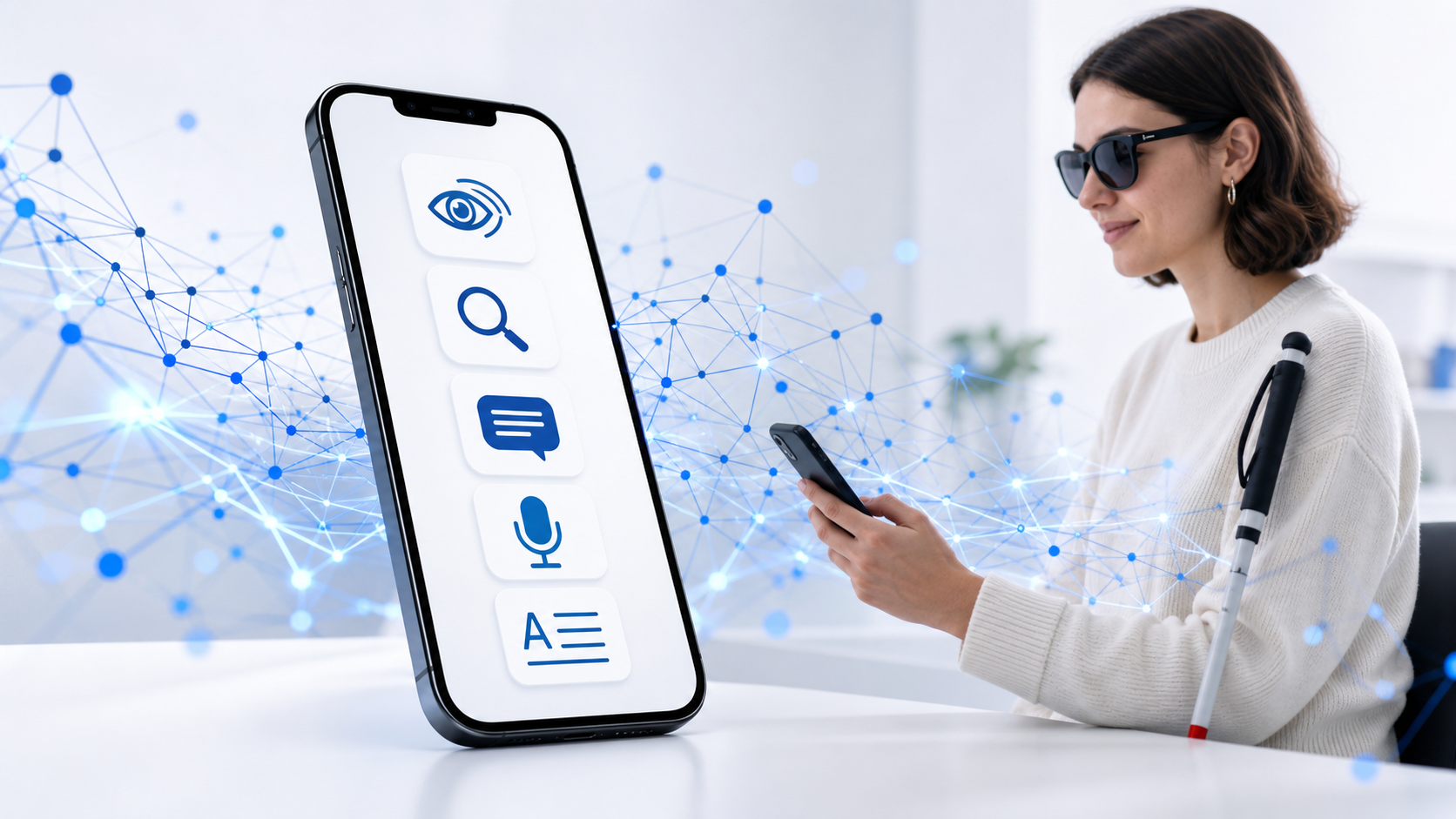 Descripción de imagen: ilustración editorial de tecnología accesible con un teléfono, iconos de accesibilidad y conexiones de inteligencia artificial en tonos azules.