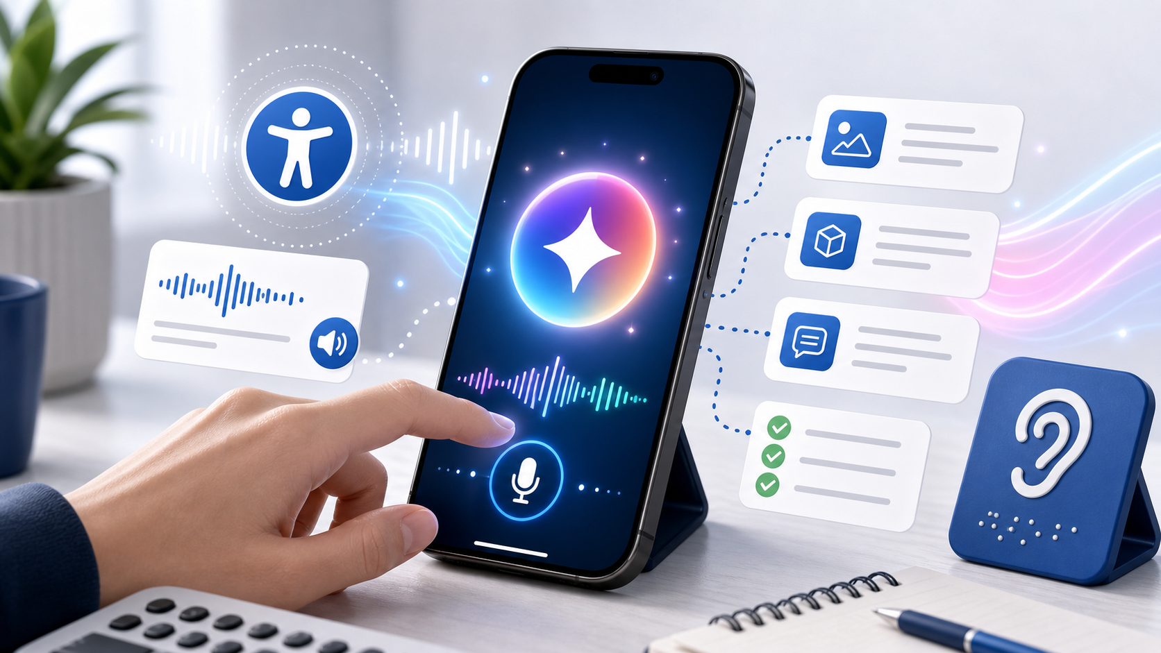 Descripción de imagen: ilustración editorial de un teléfono con inteligencia artificial, ondas de VoiceOver, tarjetas de descripción y símbolo de accesibilidad.