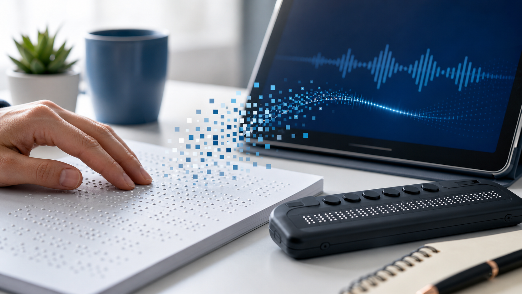 Descripción de imagen: ilustración editorial de puntos braille táctiles conectados con una pantalla y elementos digitales azules.