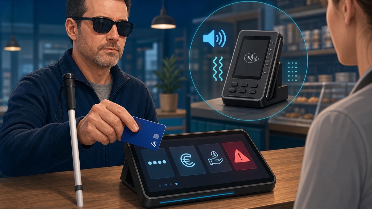 Descripción de imagen: una persona ciega intenta pagar con tarjeta en un datáfono táctil, junto a una alternativa accesible con audio, vibración y botones físicos.