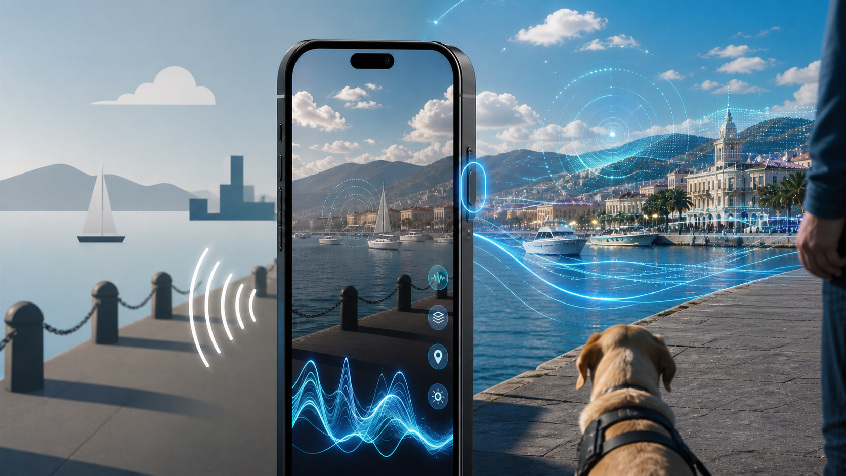 Descripción de imagen: un iPhone enfoca un paseo marítimo con barcos, nubes, colinas y edificios. A la izquierda aparece una interpretación simple del paisaje y, a la derecha, un análisis detallado mediante inteligencia artificial. Junto al teléfono hay una persona acompañada por su perro guía.