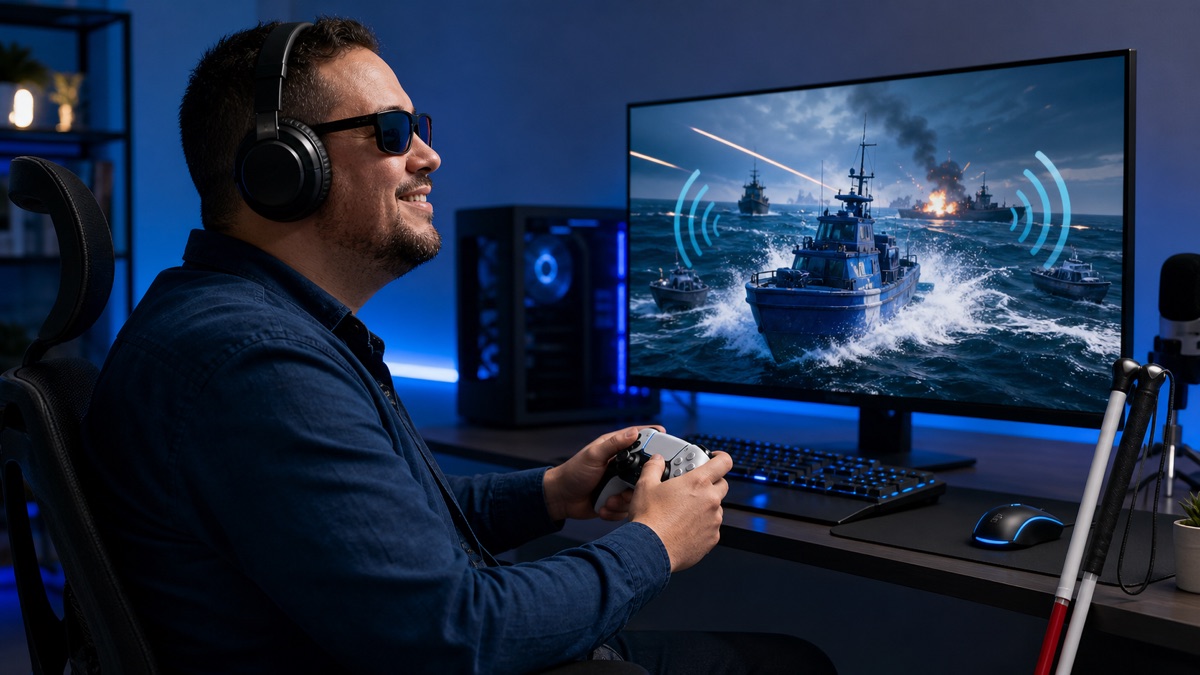 Descripción de imagen: una persona ciega juega con mando y auriculares mientras la pantalla muestra un combate naval y señales de audio direccional.