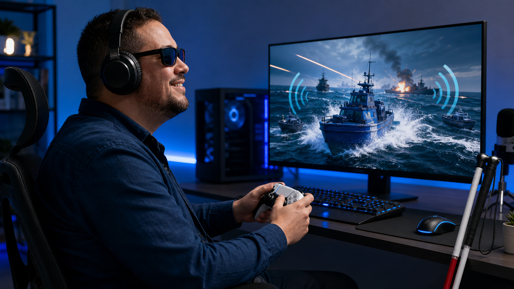 Descripción de imagen: una persona ciega juega con un mando y auriculares ante una pantalla que muestra un combate naval. Unas ondas azules representan las señales de audio direccional y un bastón blanco permanece apoyado junto al escritorio.