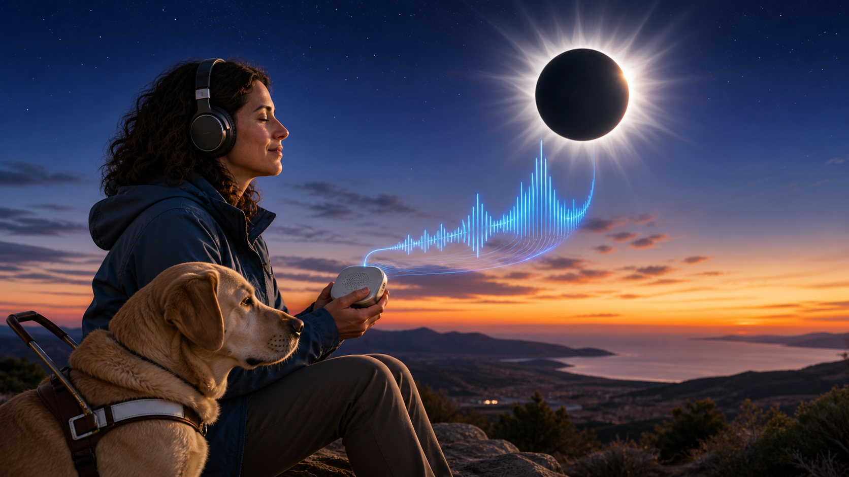 Descripción de imagen: durante un eclipse solar total, una persona con auriculares sostiene un pequeño dispositivo de sonificación junto a su perro guía. Unas ondas azules representan la transformación de la intensidad de la luz en sonido, frente a un paisaje montañoso y costero.