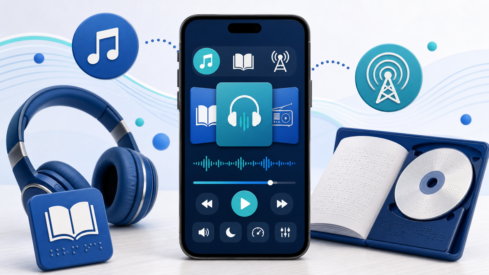 Descripción de imagen: ilustración editorial de una app accesible de audio con auriculares, música, radio y libros Daisy.
