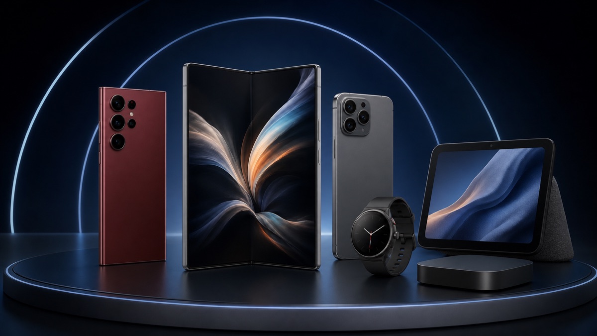 Descripción de imagen: concepto editorial de una gama de productos sobre el escenario de una presentación tecnológica. En el centro hay un teléfono plegable abierto; a los lados aparecen dos móviles premium, uno de color cereza oscuro, un reloj, una pantalla para el hogar y un pequeño reproductor multimedia.