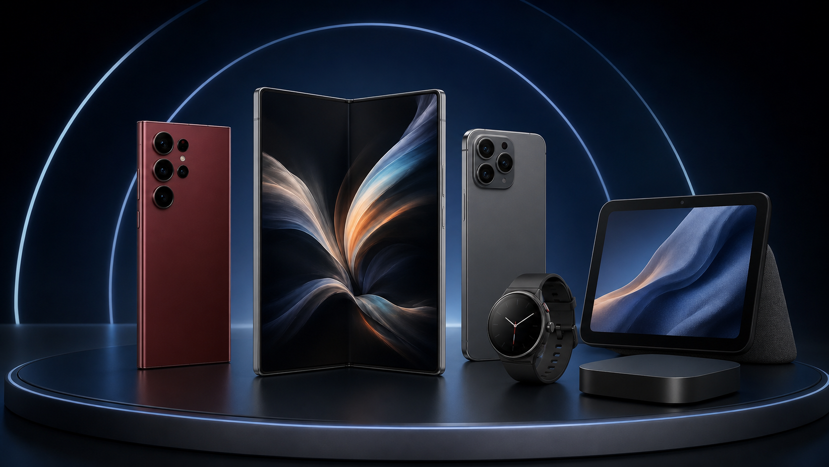 Descripción de imagen: concepto editorial de una gama de productos sobre el escenario de una presentación tecnológica. En el centro hay un teléfono plegable abierto; a los lados aparecen dos móviles premium, uno de color cereza oscuro, un reloj, una pantalla para el hogar y un pequeño reproductor multimedia.