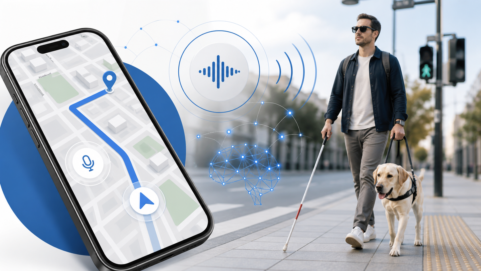 Descripción de imagen: ilustración editorial de una persona caminando con perro guía mientras usa navegación en un teléfono con ruta azul, voz e inteligencia artificial.