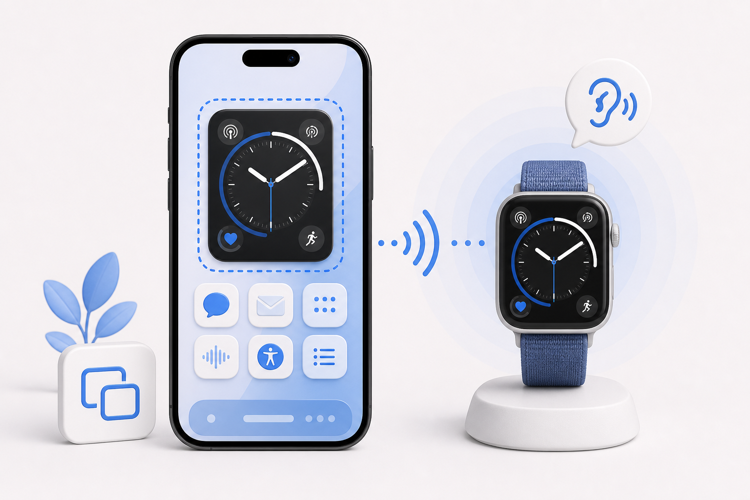 Descripción de imagen: ilustración generada para el artículo Novedades iOS 16 A Ciegas: Duplicar Apple Watch En El iPhone O Mirroring en AliBlueBox.
