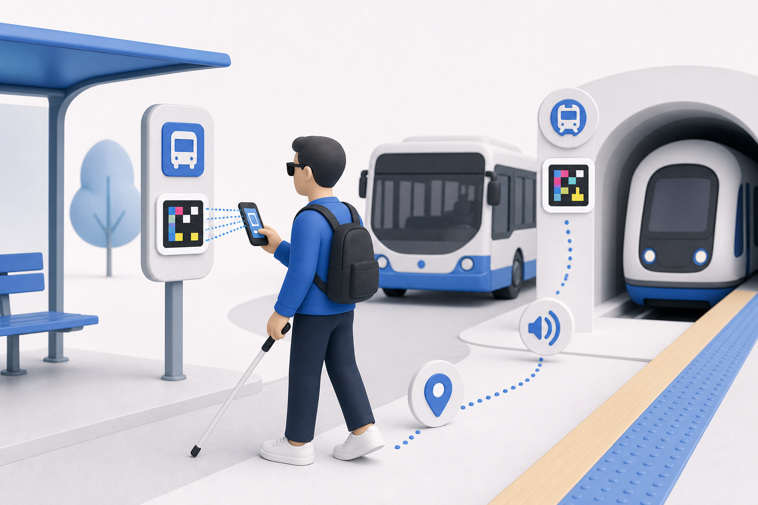 Descripción de imagen: ilustración generada para el artículo Viajando Sin Barreras En El Transporte Público Con NaviLens en AliBlueBox.