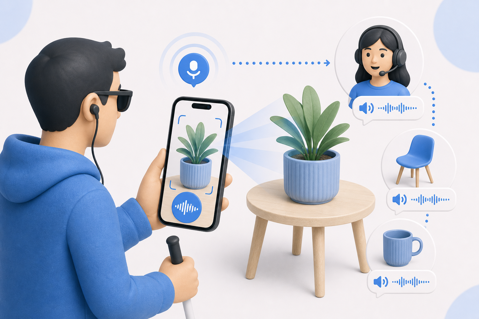 Descripción de imagen: ilustración generada para el artículo Inteligencia Artificial Para Personas Ciegas Con Be My Eyes en AliBlueBox.