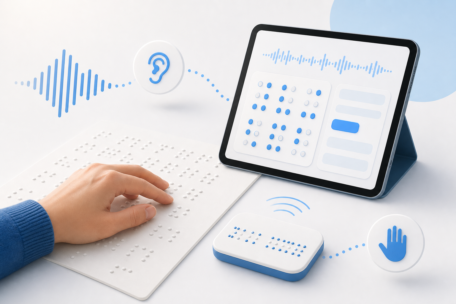Descripción de imagen: ilustración generada para el artículo El Braille en la era digital: Mucho más que puntos sobre papel en AliBlueBox.