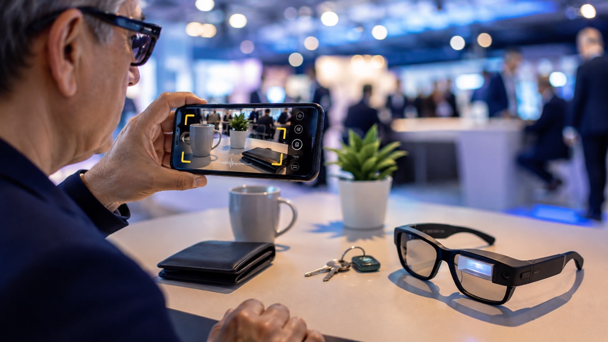 Descripción de imagen: una persona utiliza la cámara de un teléfono como asistente visual junto a unas gafas inteligentes en una feria tecnológica.