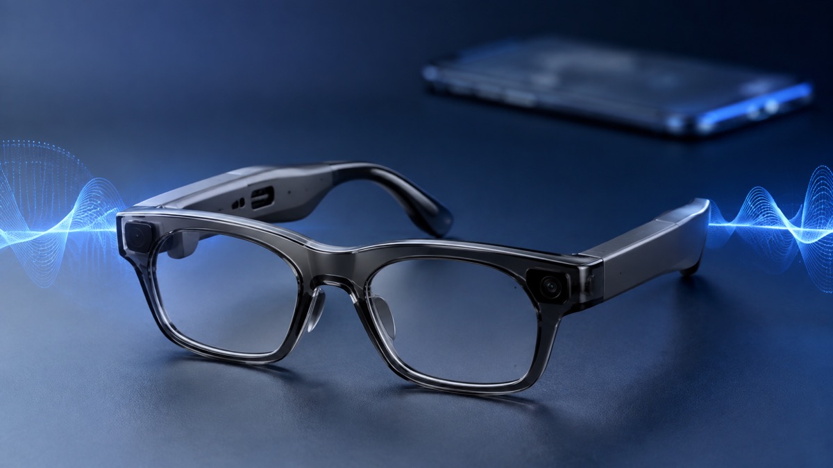 Descripción de imagen: unas gafas inteligentes de montura negra translúcida con cámaras integradas, sobre una superficie azul con ondas luminosas que representan la asistencia por voz.