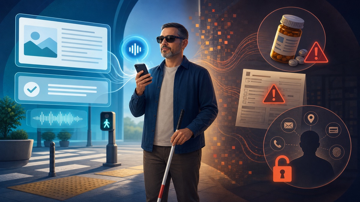 Descripción de imagen: una persona ciega con bastón blanco utiliza un teléfono con inteligencia artificial entre ayudas para leer documentos y alertas médicas, fiscales y de privacidad.