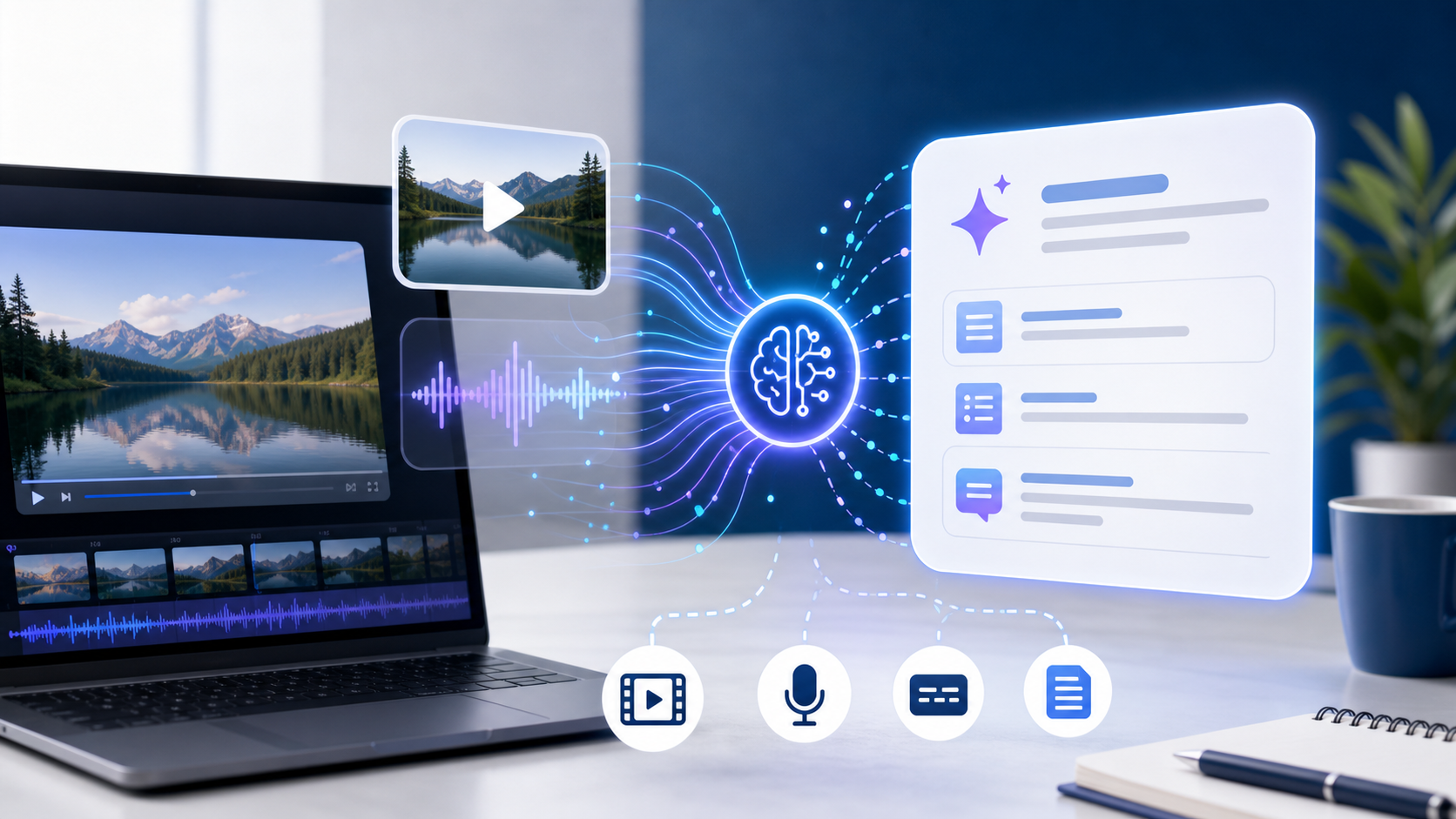 Descripción de imagen: ilustración editorial de una inteligencia artificial analizando un vídeo, una onda de audio y tarjetas multimedia.