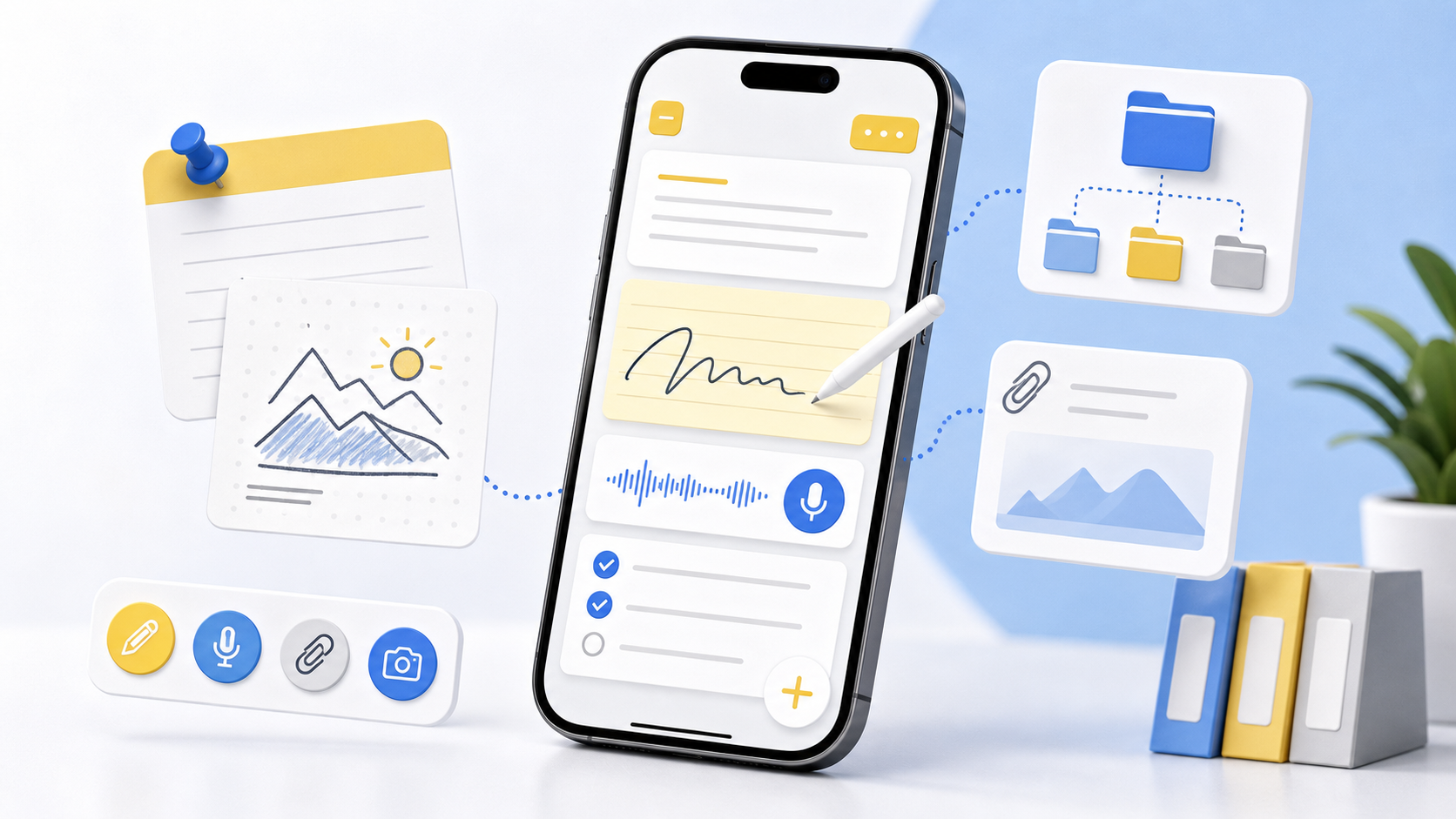 Descripción de imagen: ilustración editorial de notas en iPhone con tarjetas, checklist, onda de audio y organización visual sin texto legible.
