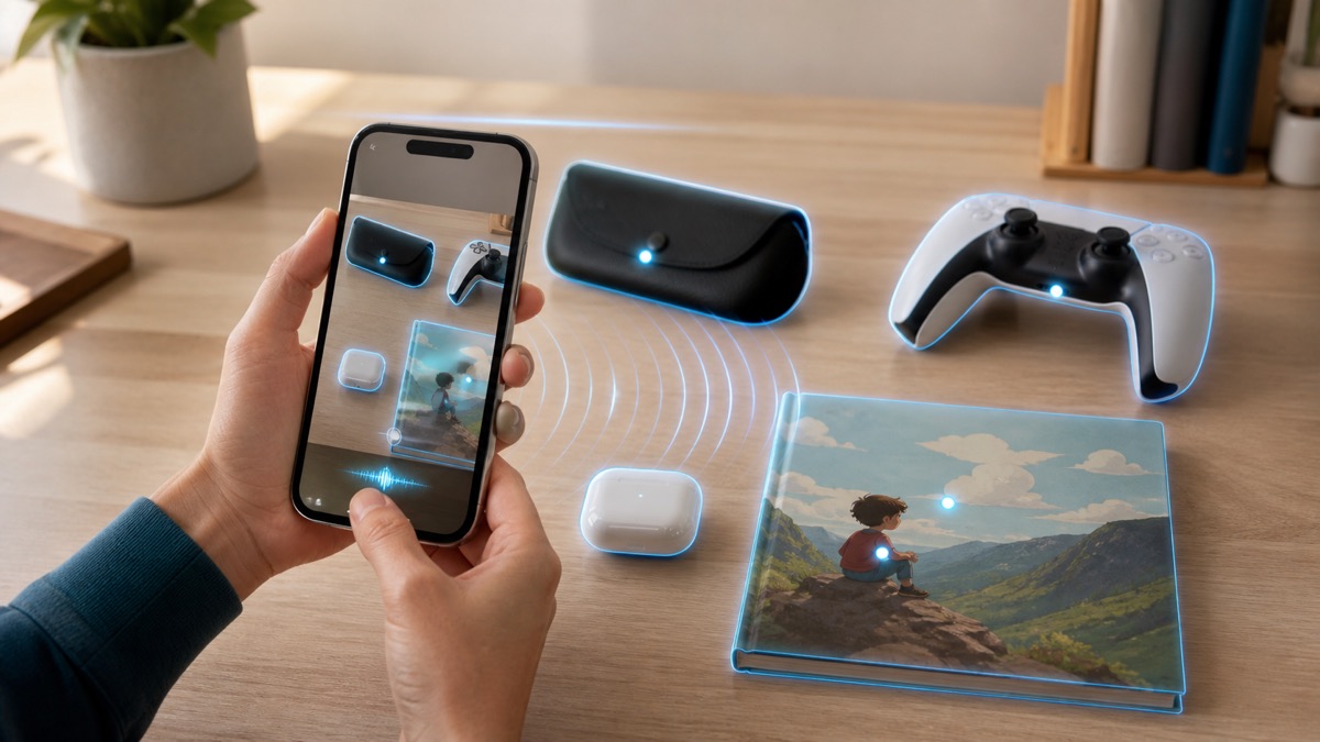 Descripción de imagen: un iPhone reconoce una funda de gafas, un mando, unos auriculares y un libro sobre un escritorio mediante señales visuales azules.