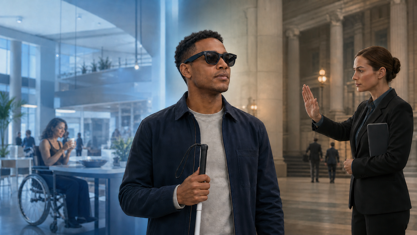 Descripción de imagen: una persona ciega con gafas inteligentes y bastón blanco aparece entre un espacio luminoso y accesible y la entrada de un tribunal donde una trabajadora levanta la mano para limitar el acceso.