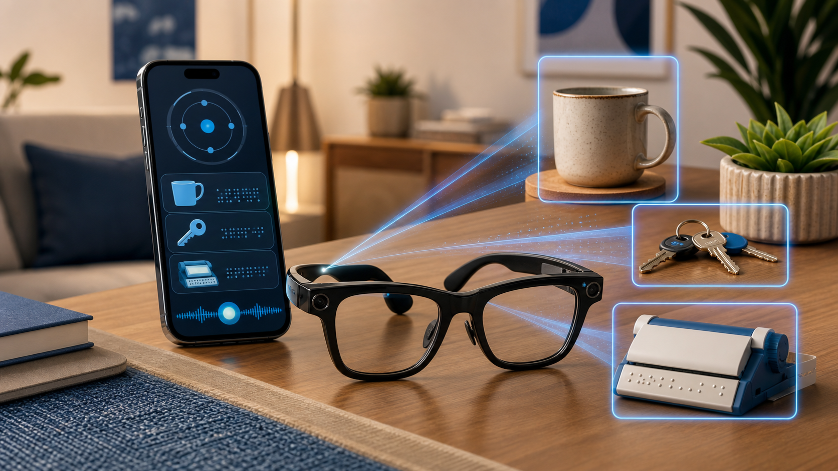 Descripción de imagen: ilustración editorial de unas gafas inteligentes y un iPhone sobre una mesa, con señales visuales de inteligencia artificial identificando objetos cotidianos como una taza, llaves y una etiquetadora braille.