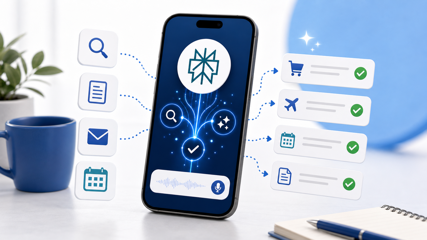 Descripción de imagen: ilustración editorial de un teléfono con asistente de inteligencia artificial, tarjetas de tareas, marcas de verificación y flechas de automatización.