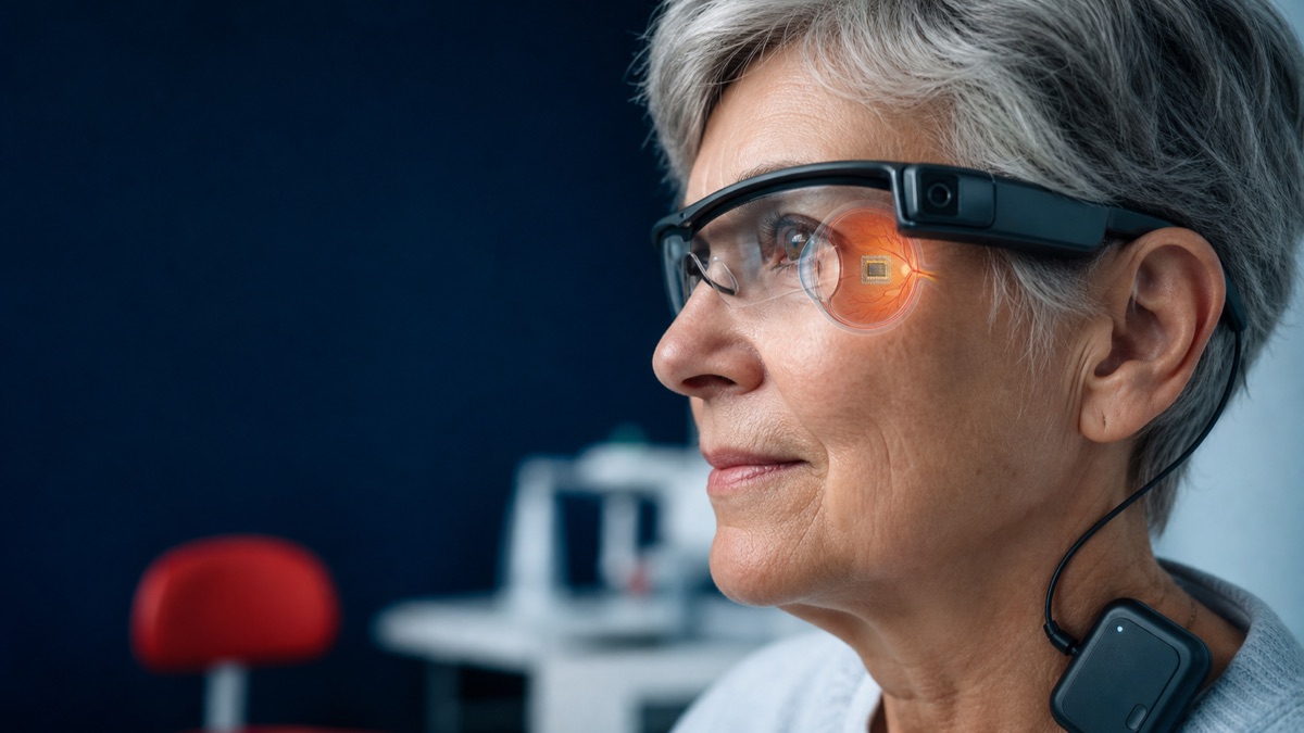 Descripción de imagen: recreación editorial de una mujer mayor con unas gafas asistivas equipadas con cámara. Sobre uno de sus ojos aparece un esquema transparente de la retina con un pequeño chip en la zona central; junto al cuello lleva un procesador conectado a las gafas.