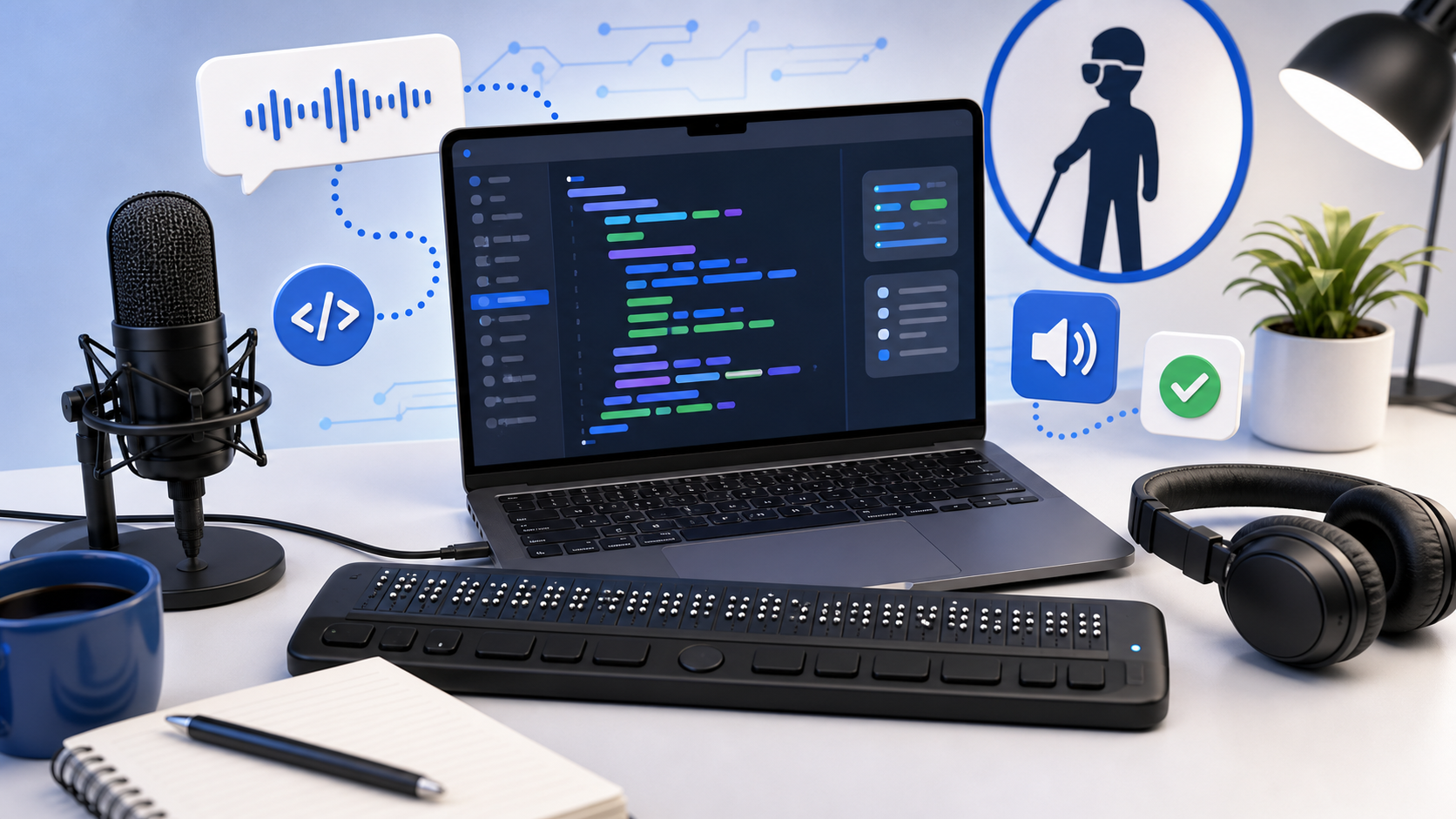 Descripción de imagen: ilustración editorial de un puesto de programación accesible con portátil, línea braille, auriculares y micrófono de entrevista.