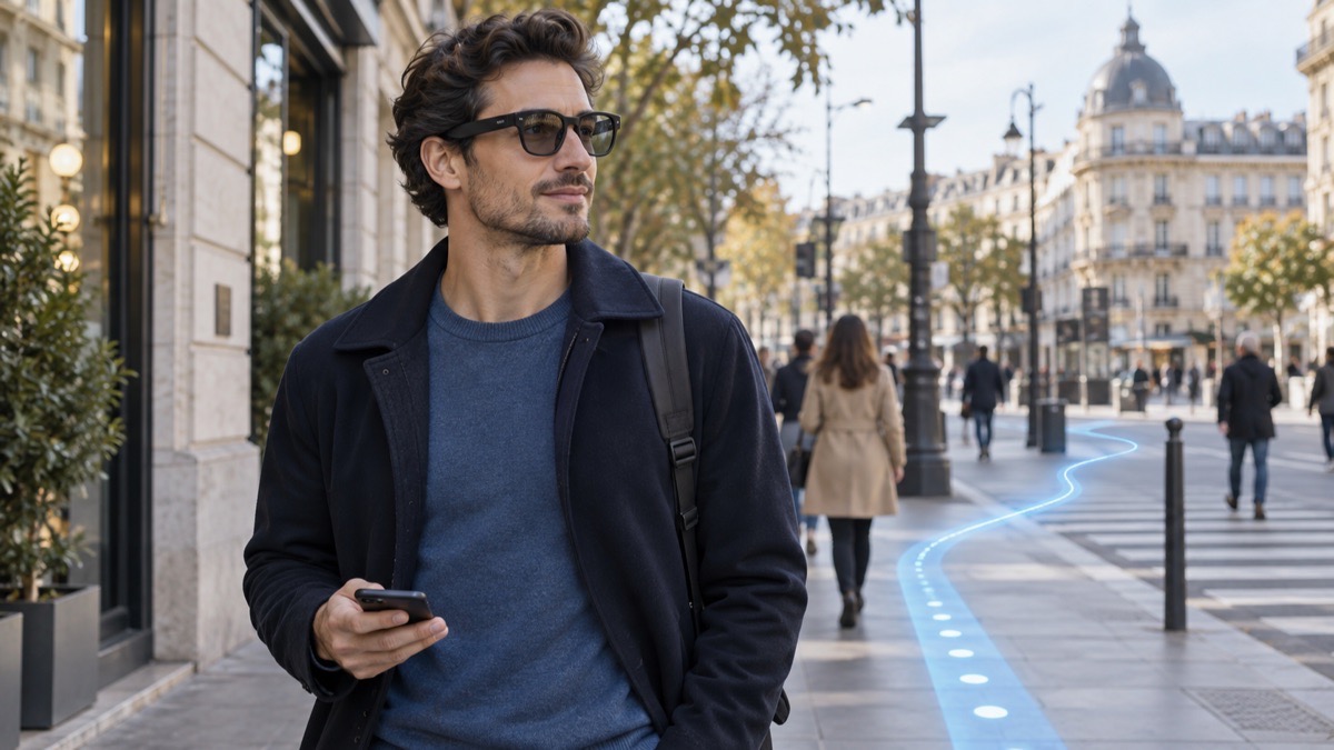 Descripción de imagen: una persona con gafas inteligentes camina por una ciudad siguiendo una ruta de navegación representada por una línea azul.