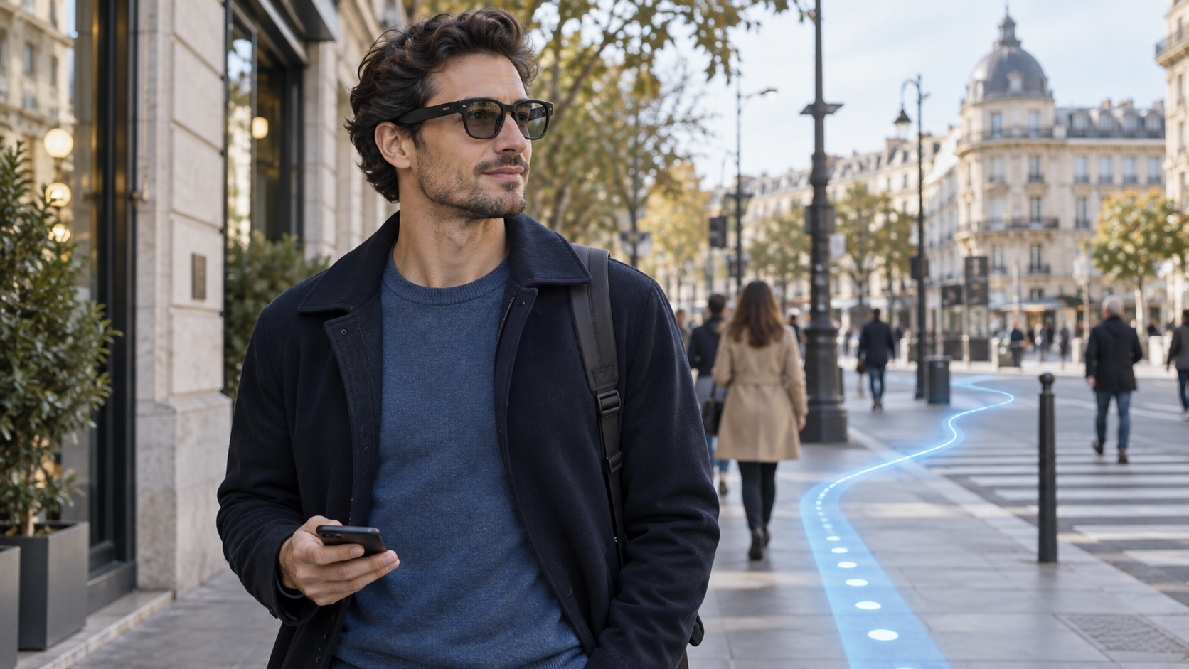 Descripción de imagen: una persona con gafas inteligentes negras camina por una calle de una ciudad mientras una línea azul representa la ruta de navegación GPS.