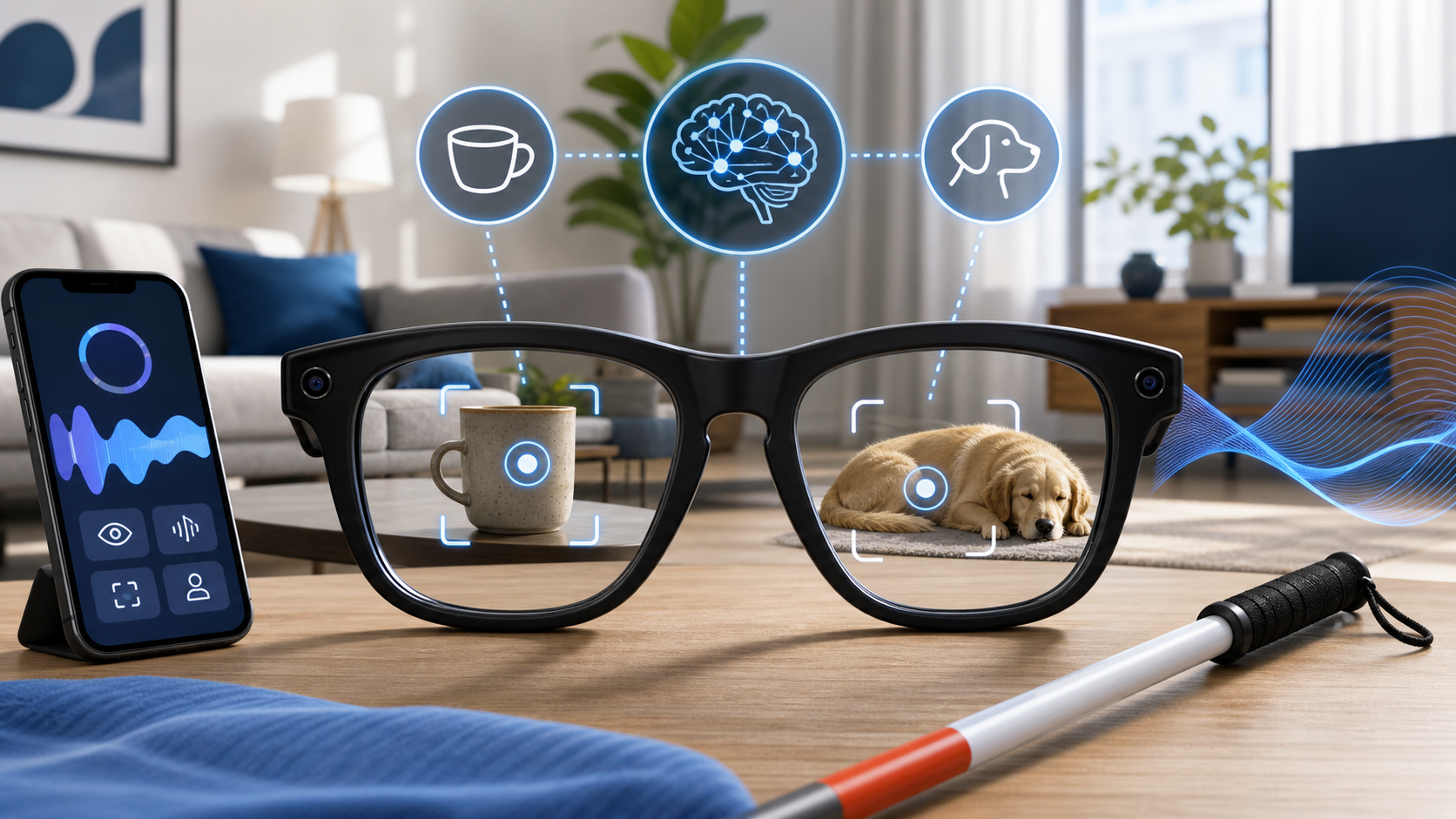 Descripción de imagen: ilustración editorial de unas gafas inteligentes analizando una taza y un perro en un salón mediante inteligencia artificial, con un iPhone y un bastón blanco sobre la mesa.