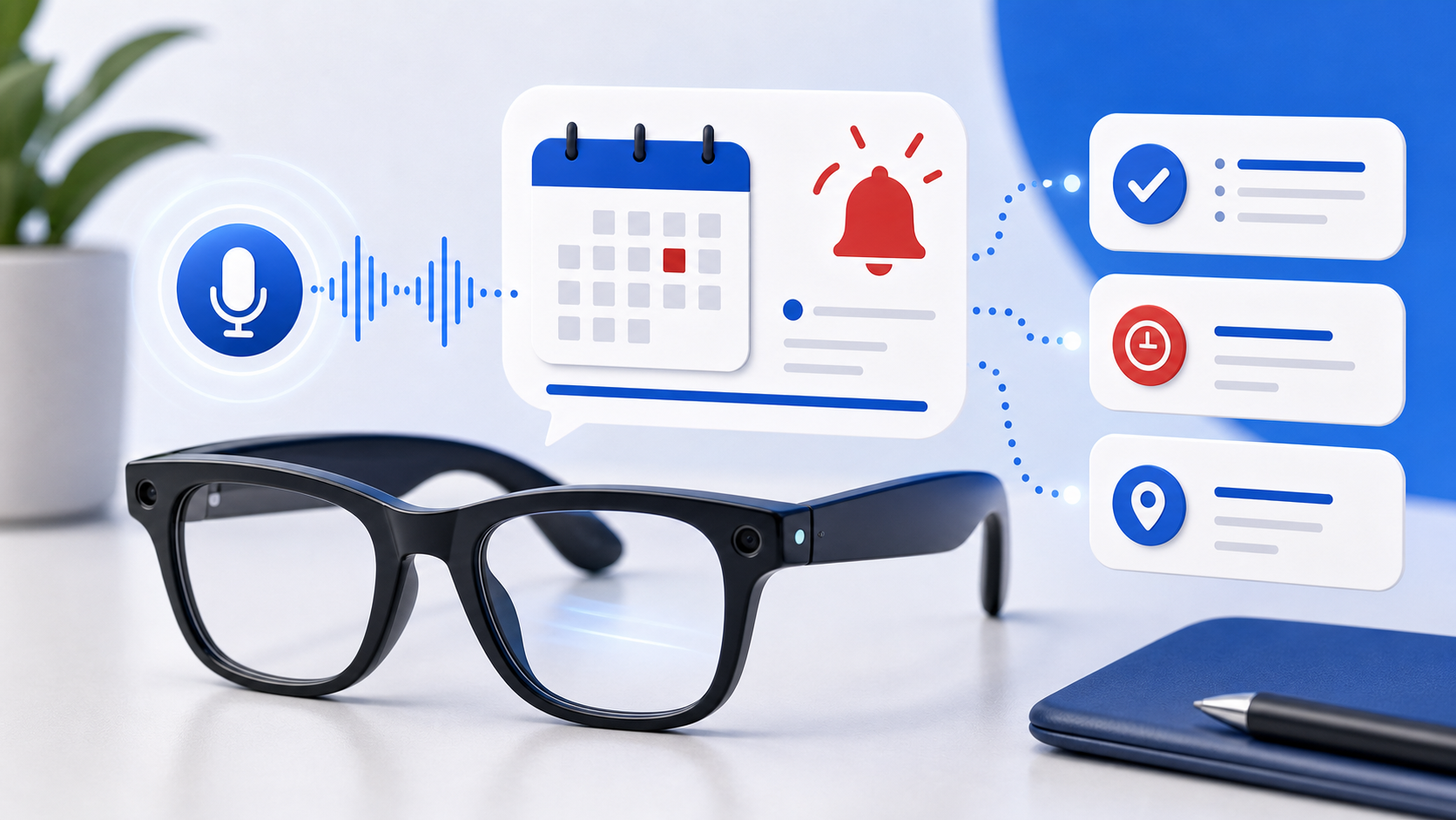 Descripción de imagen: ilustración editorial de gafas inteligentes creando recordatorios por voz con calendario, campana y lista de tareas.