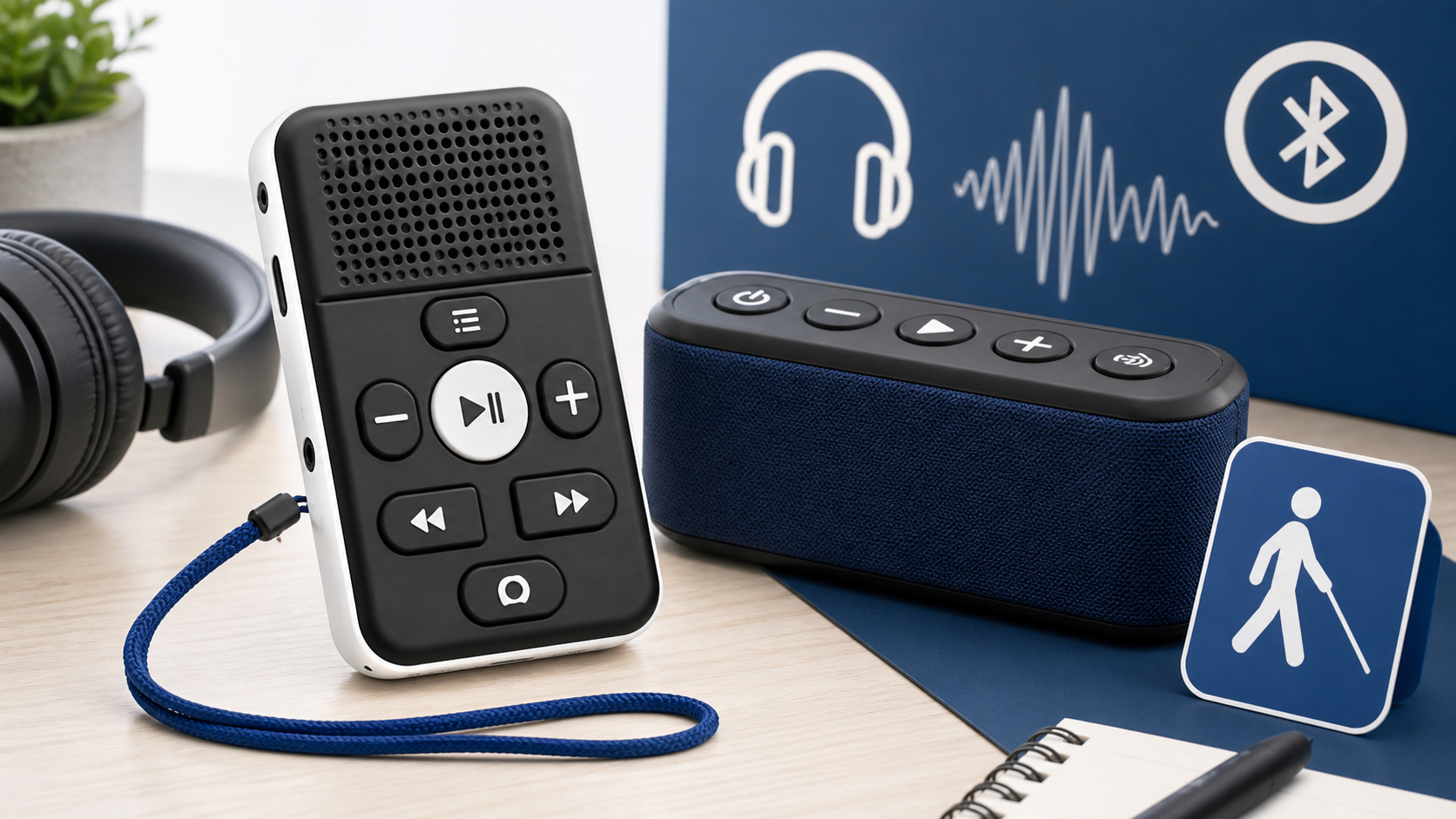 Descripción de imagen: ilustración editorial de un reproductor de audio y altavoz Bluetooth accesible con botones grandes y ondas sonoras.